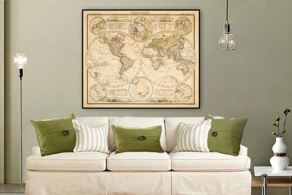 World map - Large old map of the world with a wonderful patina, printed on paper or canvas