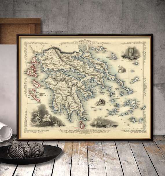 Greece map - Vintage map of Greece  - Old map fine reproduction on matte canvas or paper