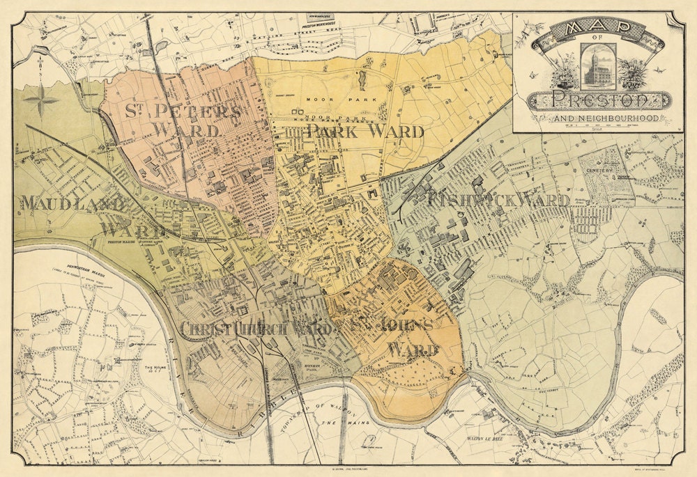 Preston map Old map of Preston print Fine reproduction on paper or