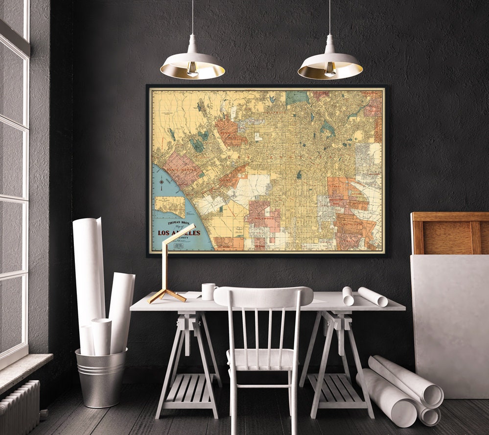 Map of Los Angeles Large wall map Los Angeles map fine print on