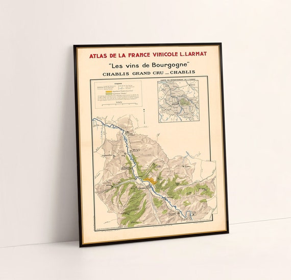 Chablis Grand Cru,  decorative wine map, Burgundy wine area, French vineyards poster