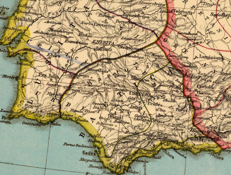 K&ouml;nnte beinhalten: Eine Vintage-Karte der Iberischen Halbinsel, die die r&ouml;mischen Provinzen Hispaniens zeigt. Die Karte ist in Gelb-, Gr&uuml;n-, Blau- und Rott&ouml;nen gehalten, mit schwarzen Linien f&uuml;r Grenzen und Fl&uuml;sse. Die Karte enth&auml;lt die Namen von St&auml;dten und Regionen, wie z. B. Emerita Augusta, Corduba und Baetica.