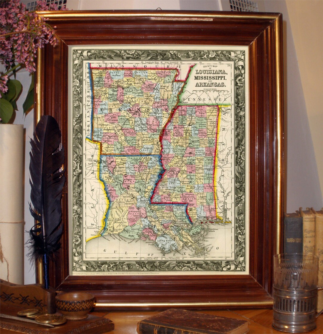 Fine Print Map of Arkansas, Mississippi & Louisiana