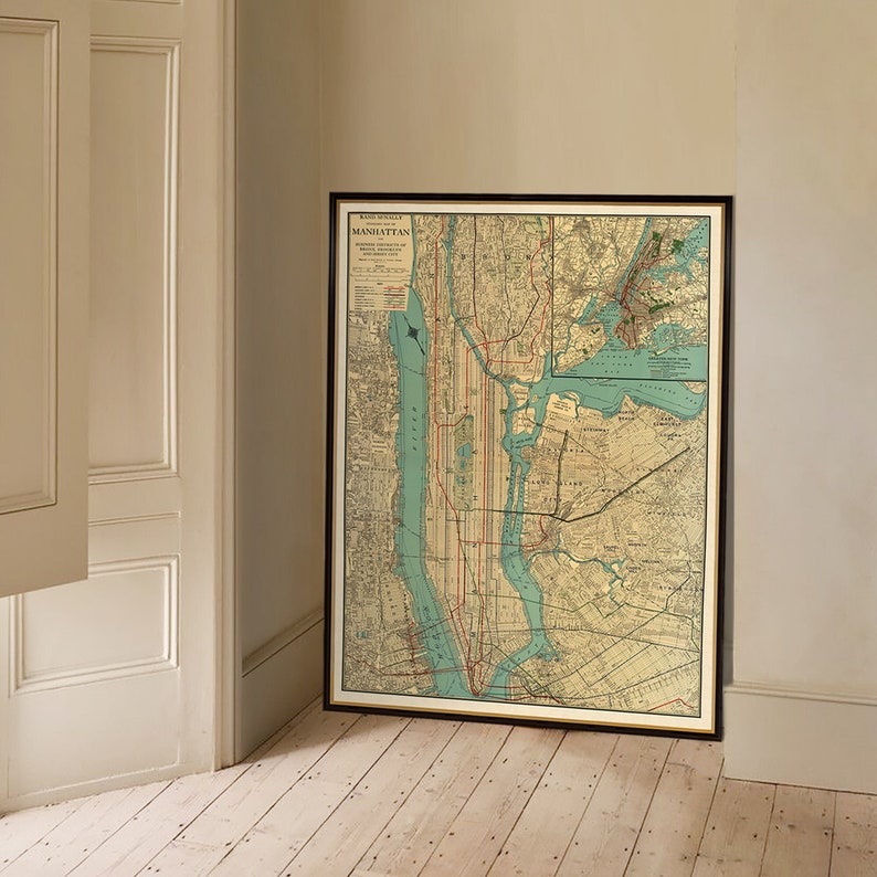 Carte de Manhattan, ancienne carte de Manhattan, New York, carte vintage détaillée de 1924, décoration murale de style vintage image 1