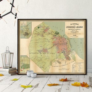 Ancienne carte de Buenos Aires - Argentine - Plan de la ville de Buenos Aires - Magnifique reproduction de carte vintage, disponible sur toile ou papier