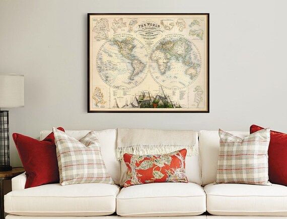 Map of the world in Hemispheres, classic map from 19th century, vintage style decor, wonderful housewarming addition