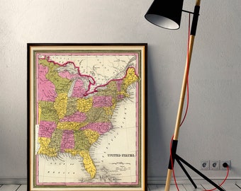 Vintage map of USA  (eastern part)  - United States map - Fine reproduction on paper or canvas