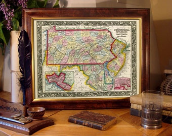 Vintage state map of Delaware, Maryland, New Jersey and  Pennsylvania - print on paper or canvas