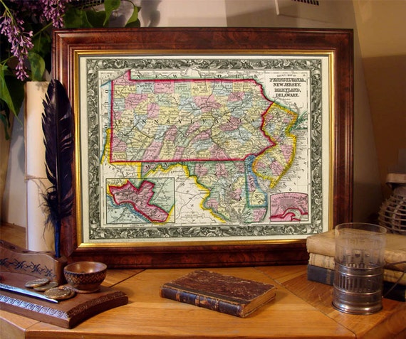 Vintage state map of Delaware, Maryland, New Jersey and  Pennsylvania - print on paper or canvas