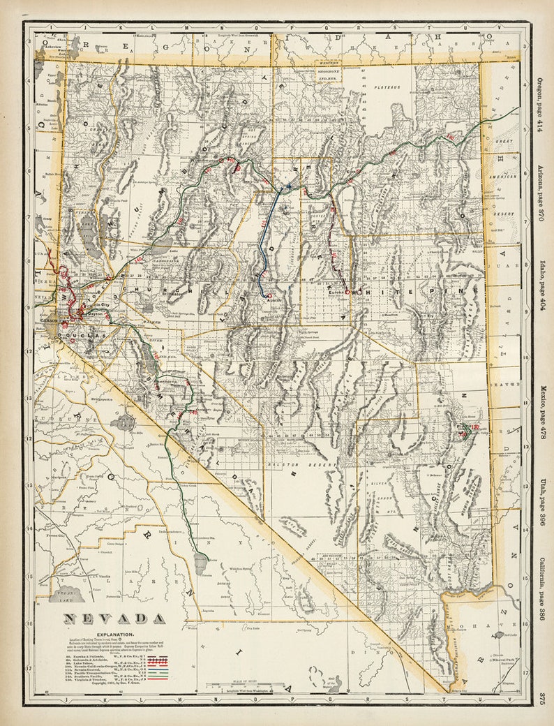 Nevada map Large old map of Nevada from 1901, fine print on paper or canvas image 2