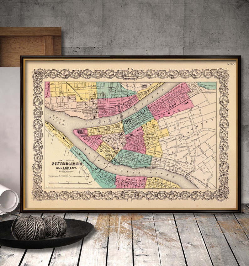 map of pittsburgh old map fine print old map restored etsy