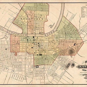 Nashville map, old city map print, Nashville and vicinity, The Music City, hometown gift idea, restored vintage map image 2