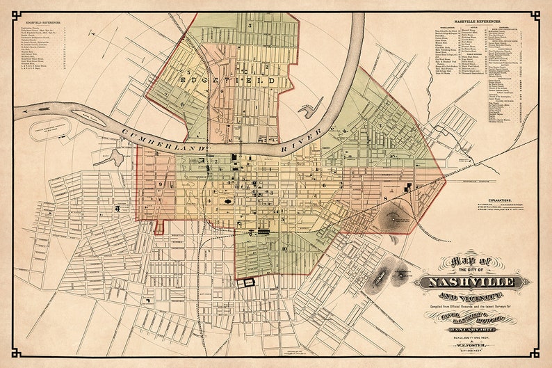 Nashville map, old city map print, Nashville and vicinity, The Music City, hometown gift idea, restored vintage map image 2