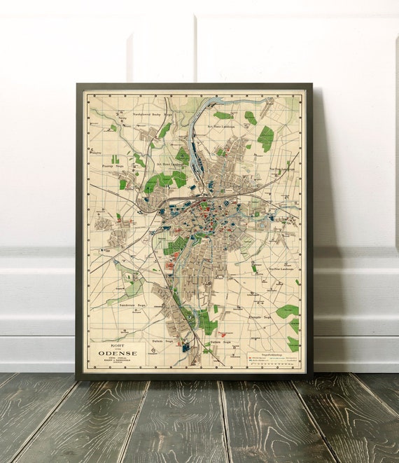 Odense map - Old map archival print - Large wall map on paper or matte canvas