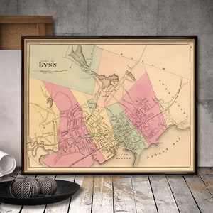 Old city map -  Lynn map  (Mass.)  - Archival fine print  Map of Lynn giclee reproduction