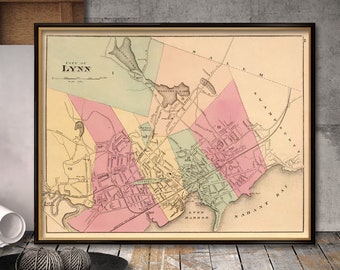 Old city map -  Lynn map  (Mass.)  - Archival fine print  Map of Lynn giclee reproduction