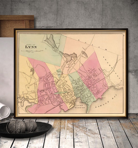 Old city map -  Lynn map  (Mass.)  - Archival fine print  Map of Lynn giclee reproduction