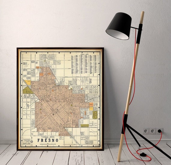 Fresno map - Old city map of Fresno, detailed map, vintage style wall art print