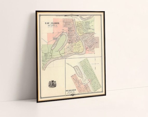 Map of Eau Claire, map of Medford  (Wis.), old city plan fine print