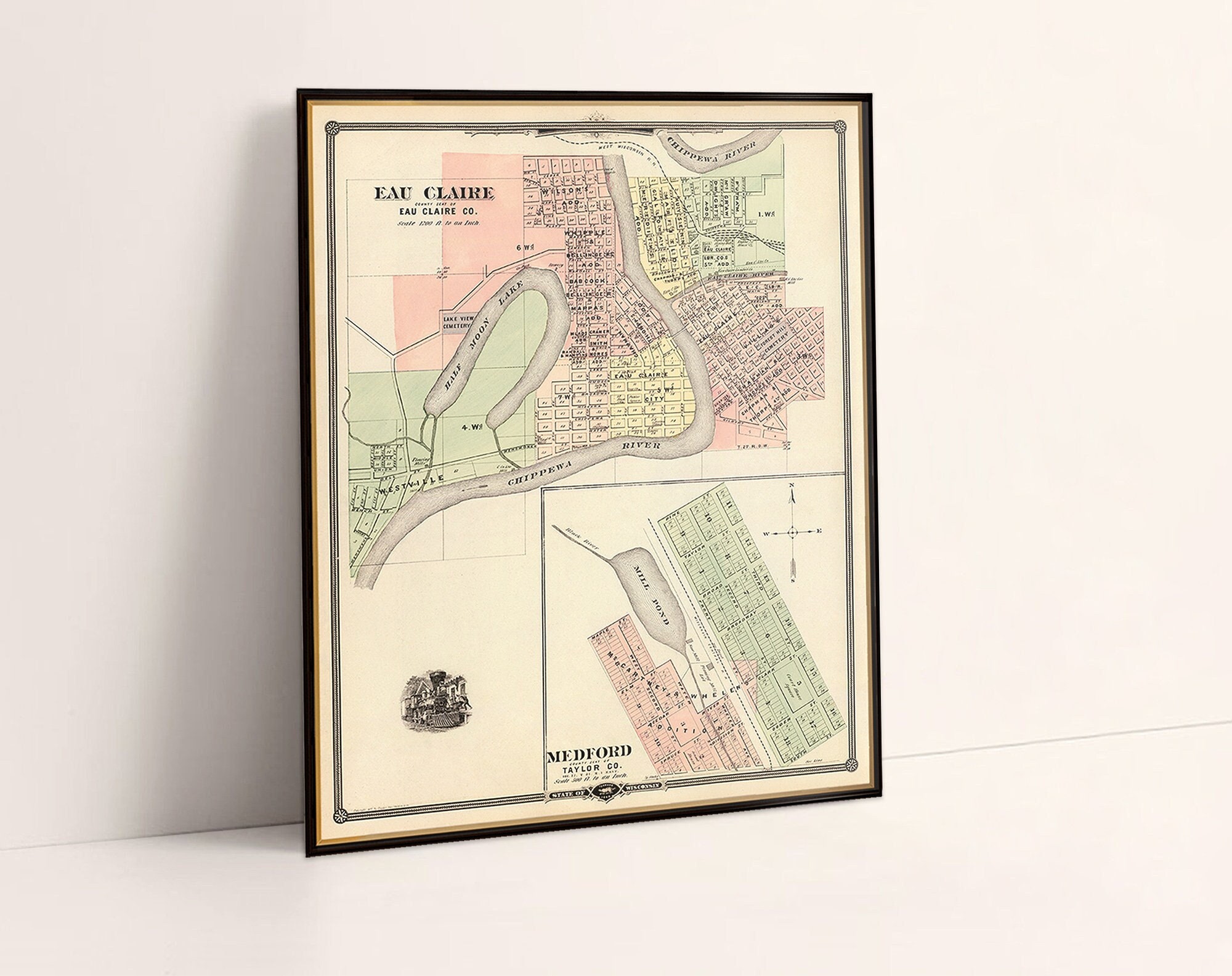Map of Eau Claire, map of Medford (Wis.), old city plan fine print