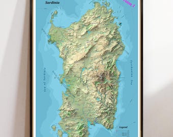 Mappa fisica della Sardegna con effetto rilievo ombreggiato, molto dettagliata, mappa da viaggio regalo