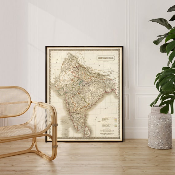 Map of Hindustan (Hindoostan), India wall map, history of India,large poster, home decor