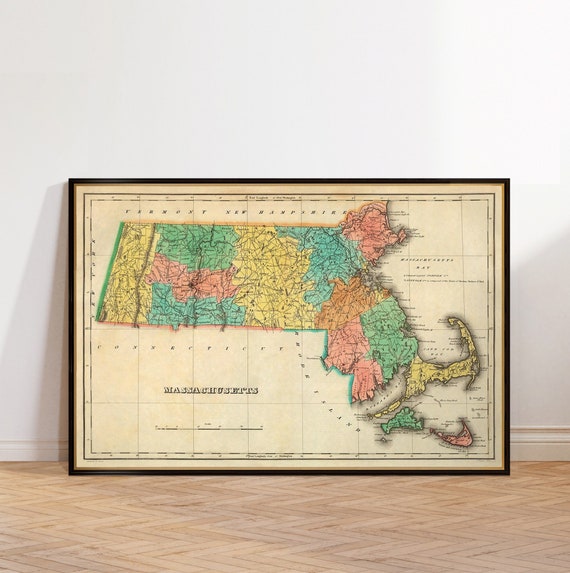 Massachusetts old map, historical map from 1822, cartographic wall art decor, restored map print