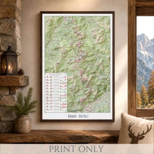 Può includere: Una mappa topografica incorniciata intitolata Dolomiti - Alta Via 2, che mostra un dettagliato paesaggio montano verde con un percorso rosso evidenziato e una legenda bianca nell'angolo in basso a sinistra con profili altimetrici.