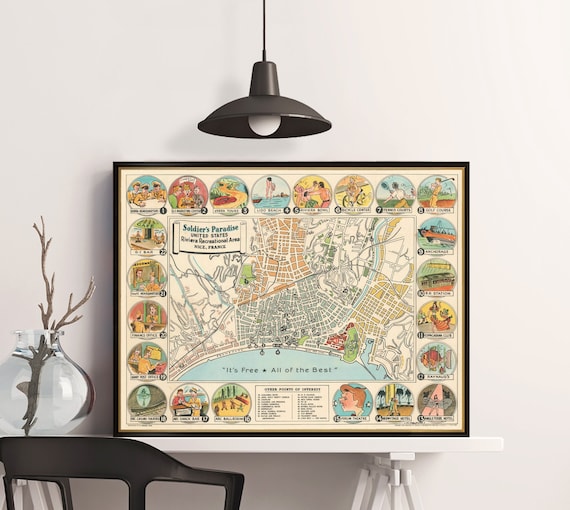 Nice, French Riviera vintage map from 1945, Côte d'Azur poster, wonderful fine print