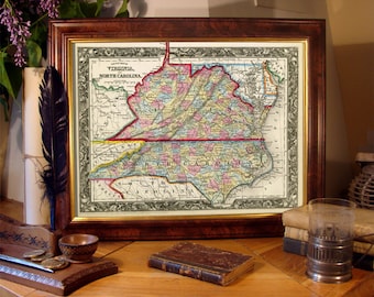 North Carolina map - Virginia map - Old map print on paper or canvas