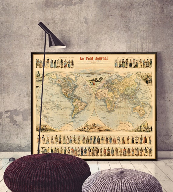 Antique map - Historic world map - Vintage map of the world - Antique illustrated  world map print on paper or canvas