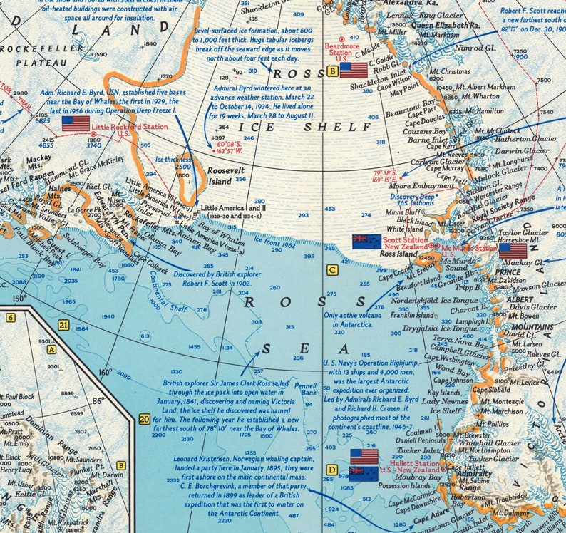 Carte vintage de l'Antarctique, carte des expéditions au pôle Sud, montrant les routes de Scott, Amundsen et Shackleton, impression de carte murale image 6