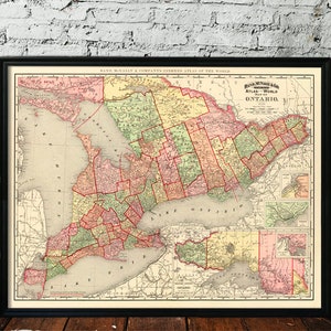 Carte de l'Ontario, reproduction de carte vintage, décoration murale canadienne