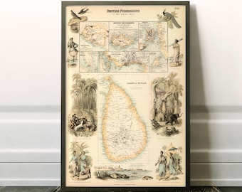 Pictorial map of Ceylon - Map of Sri Lanka, available on paper or canvas
