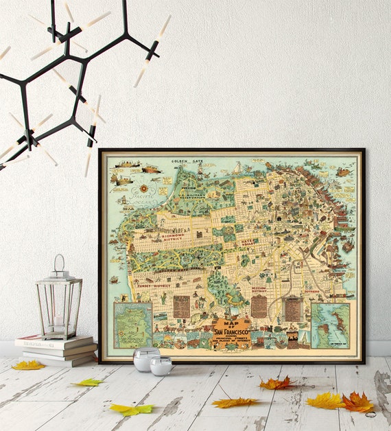 Illustrated map of San Francisco - Old map  fine print - Funny map of San Franciscoavailable on paper or canvas