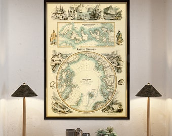 Arctica map - Marvelous map of the  Arctic Regions - Arctic  map - Wellington channel featured, available on paper or canvas