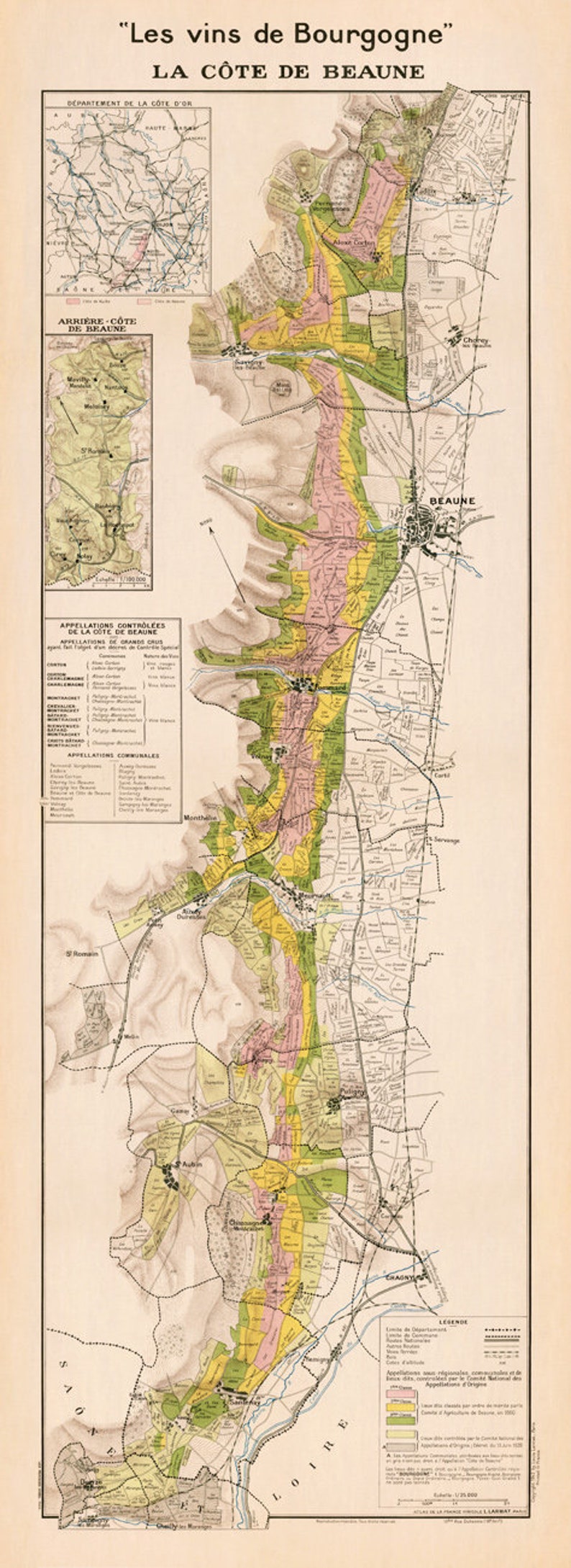 Les vins de Bourgogne , La Côte de Beaune, Burgundy wine map, large vintage map for wall decor image 2