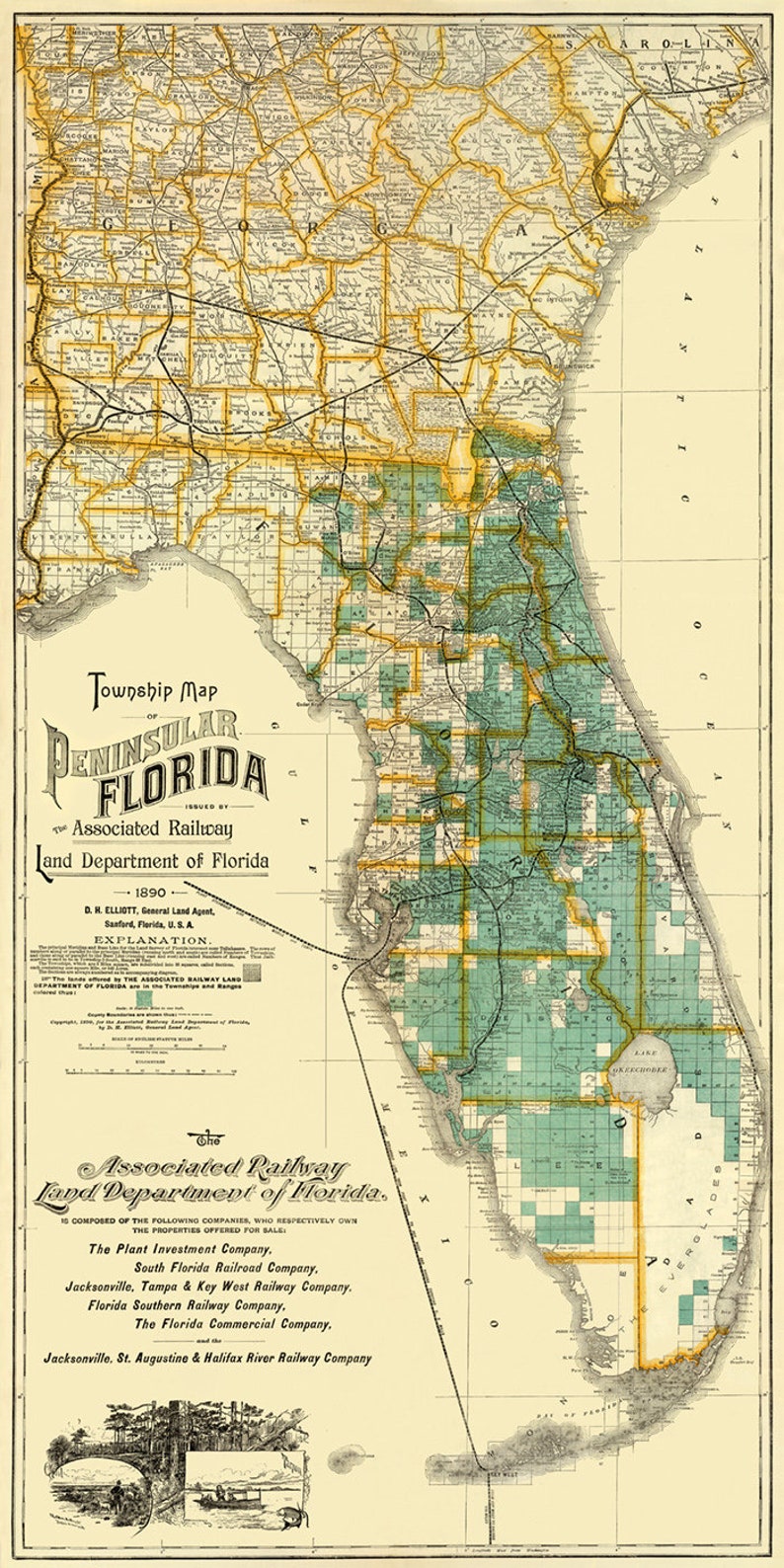 Carte de la Floride, carte vintage de la Floride, carte murale Sunshine State, jusqu'à 27 x 54 po. image 2