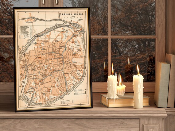 Old map of Bruges, historical city map, wall decor