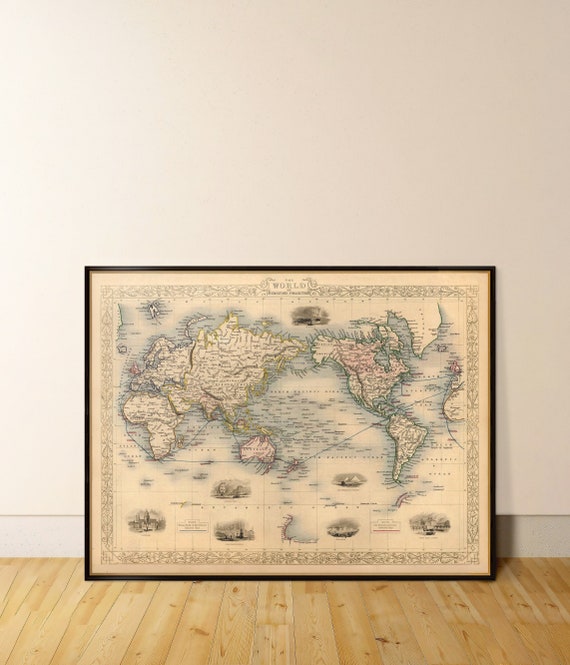 Map of the world, old map  with illustrations, restoration style wall decor