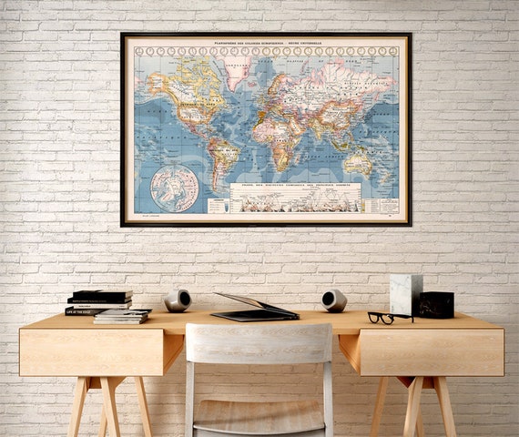 Old map of the world - Vintage map  reproduction - Map  published in 1900 by Larousse, available on paper or canvas