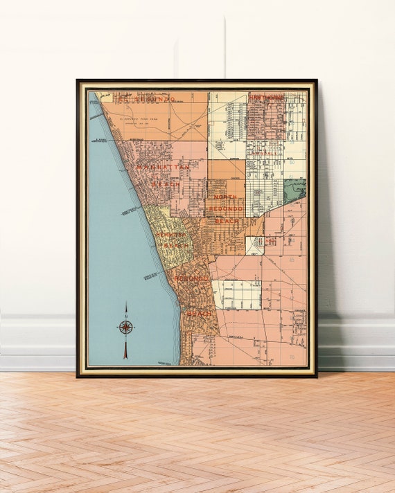 Map of Manhattan Beach, Hermosa Beach, Redondo Beach and Torrace, vintage map reproduction printed on paper or canvas