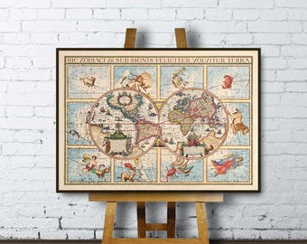 Zodiacal map - Zodiacal world map - Old map of the world - Wall map decor, printed on paper or canvas