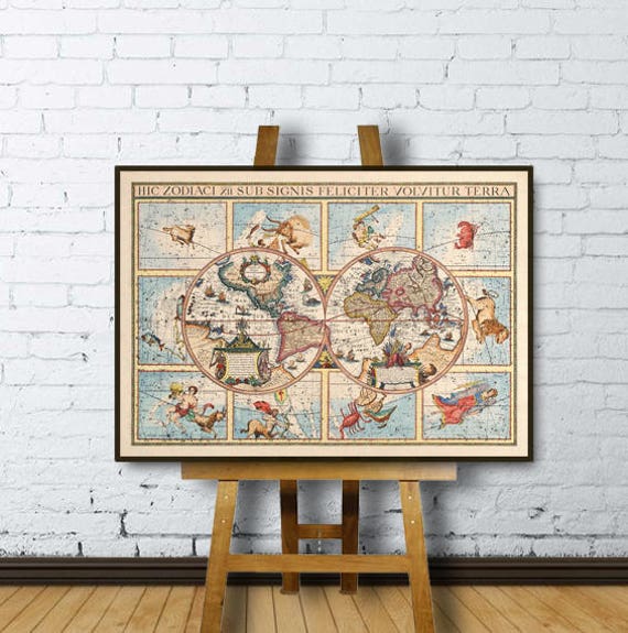 Zodiacal map - Zodiacal world map - Old map of the world - Wall map decor, printed on paper or canvas