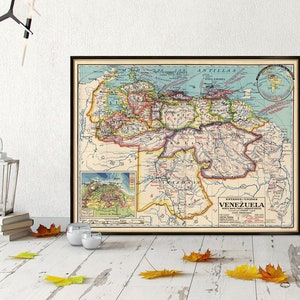 Carte vintage du Venezuela - Ancienne carte restaurée, impression sur toile ou papier