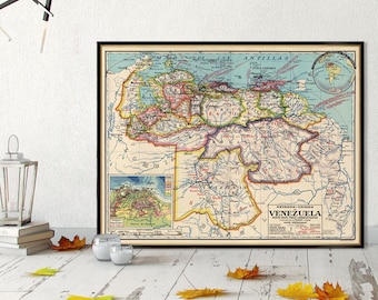 May include: Vintage map of Venezuela with a detailed outline of the country's states and rivers. The map is printed in a variety of colors, including blue, green, yellow, and red. The map is framed in a black frame.