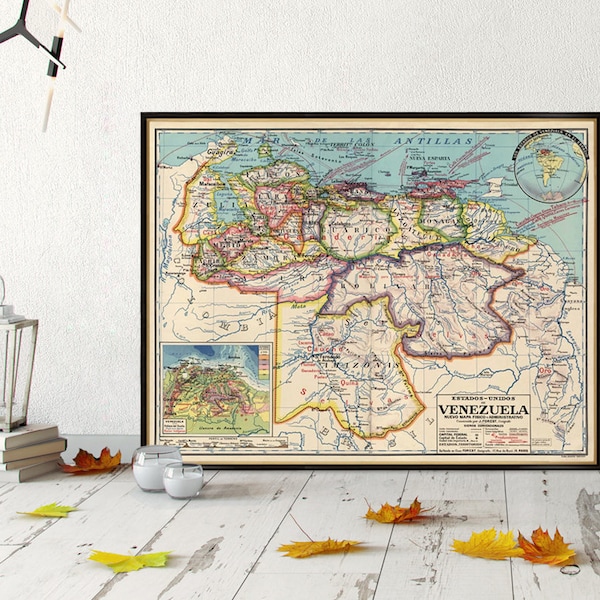 Vintage map of Venezuela - Old map restored print on canvas or paper