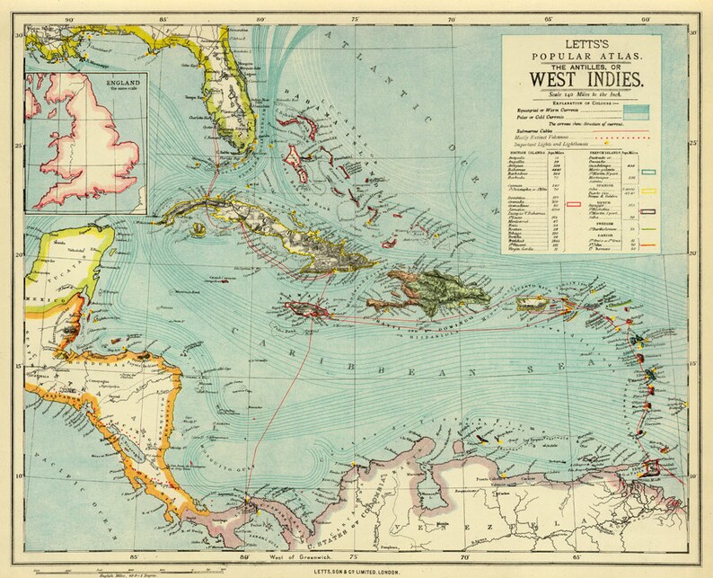 Carte des Antilles - Carte des Antilles - Reproduction de l'ancienne carte des Antilles - Carte murale disponible sur papier ou toile image 2