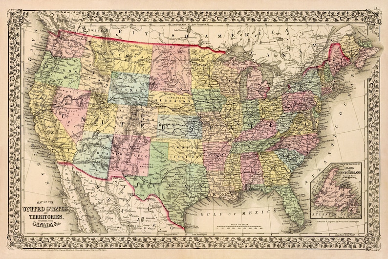 United States map during Ulysses S. Grant, historical map restored, archival print image 2