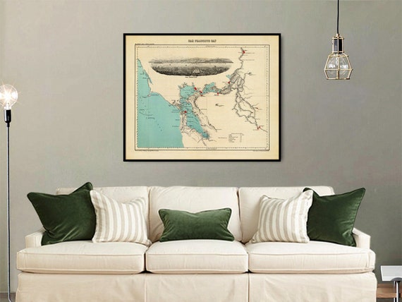 San Francisco Bay map - Decorative old map of San Francisco Bay, giclee reproduction, wall map on paper or canvas